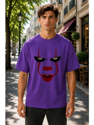 Vodexa Ünisex Oversize T-Shirt Renkli Yüz Baskılı %100 Pamuk Tişört Rahat Kalıp