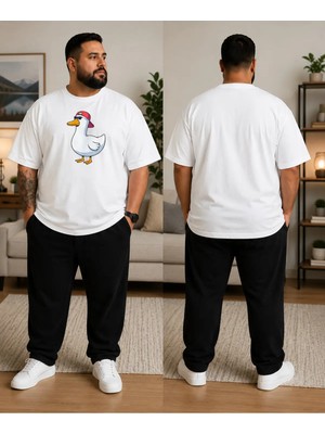 Vodexa Erkek Oversize T-Shirt Şapkalı Ördek Baskılı %100 Pamuk Büyük Beden Tişört Rahat Kalıp