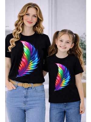 Vodexa Anne Ünisex Çocuk Kombin Oversize Tişört Twin T-Shirt Renkli Tüy Baskılı