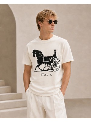 Vodexa Erkek Oversize T-Shirt At Arabası Baskılı %100 Pamuk Tişört Rahat Kalıp