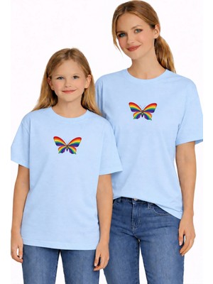 Vodexa Anne Kız Çocuk Kombin Oversize Tişört Twin T-Shirt Renkli Kelebek Baskılı