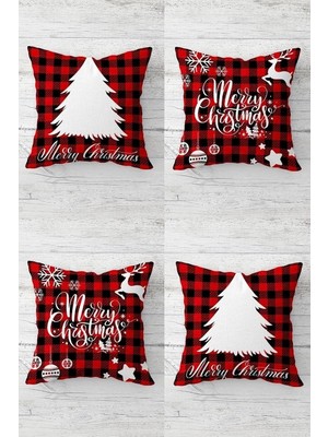 Pelangi Çam Ağacı Geyik Yılbaşı Christmas Noel Gizli Fermuarlı Kırlent Kılıfı Yastık Kılıfı TAKIM(4ADET), Ekose-Beyaz-Kırmızı 43 x 43