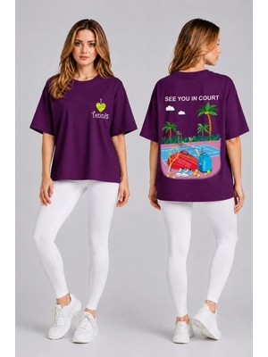 Vodexa Unisex Oversize Tennis Baskılı T-Shirt %100 Pamuk Tenis Temalı Rahat Kalıp Kısa Kollu Tişört