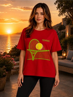 Vodexa Unisex Oversize Tennis Baskılı T-Shirt %100 Pamuk Tenis Temalı Rahat Kalıp Kısa Kollu Tişört