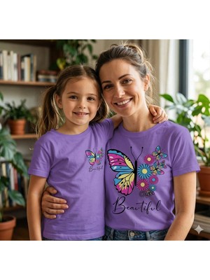 Vodexa Anne Çocuk Kombin Oversize Tişört Twin T-Shirt Çiçekli Baskılı (Tekli Satılmaktadır)