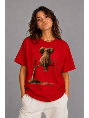 Vodexa Kadın Oversize T-Shirt Daldaki Fil Baskılı %100 Pamuk Tişört Rahat Kalıp