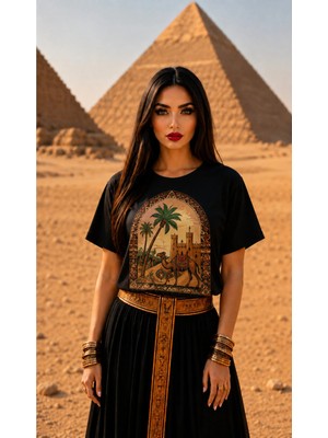 Vodexa Kadın Oversize T-Shirt Piramit Baskılı %100 Pamuk Tişört Rahat Kalıp