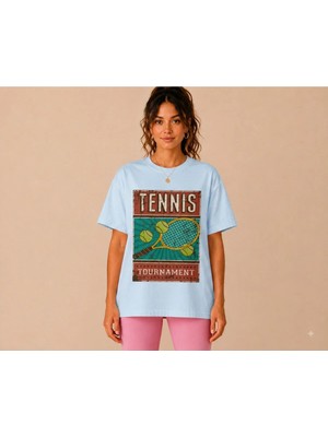 Vodexa Unisex Oversize Tennis Baskılı T-Shirt %100 Pamuk Tenis Temalı Rahat Kalıp Kısa Kollu Tişört