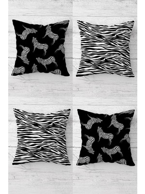 Pelangi Zebra ve Zebra Çizgili Kombin Gizli Fermuarlı Kırlent Kılıfı Koltuk Yastık Kılıfı TAKIM(4ADET), Siyah 45 x 45