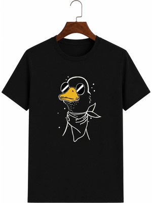 Vodexa Ünisex Oversize T-Shirt Atkılı Ördek Baskılı %100 Pamuk Tişört Rahat Kalıp