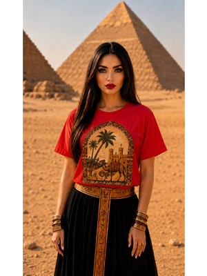 Vodexa Kadın Oversize T-Shirt Piramit Baskılı %100 Pamuk Tişört Rahat Kalıp