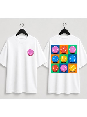 Vodexa Unisex Oversize Tennis Baskılı T-Shirt %100 Pamuk Tenis Temalı Rahat Kalıp Kısa Kollu Tişört
