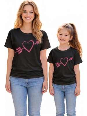 Vodexa Anne Kız Kombin Oversize Tişört Twin T-Shirt Anne Cocuk Oklu Kalp Baskılı (Tekli Satılmaktadır)
