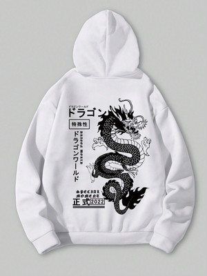 Tarzsokak Anime Guys Dragon & Letter Graphic Drawstring Lined Hoodie Beyaz