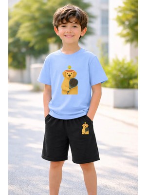 Vodexa Erkek-Kız Çocuk Tişört Şort Takım %100 Pamuk Yazlık Rahat Kalıp Baskılı T-Shirt Çocuk Kombin