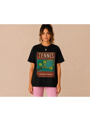 Vodexa Unisex Oversize Tennis Baskılı T-Shirt %100 Pamuk Tenis Temalı Rahat Kalıp Kısa Kollu Tişört