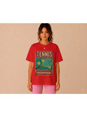 Vodexa Unisex Oversize Tennis Baskılı T-Shirt %100 Pamuk Tenis Temalı Rahat Kalıp Kısa Kollu Tişört