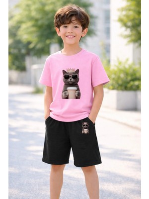 Vodexa Erkek-Kız Çocuk Tişört Şort Takım %100 Pamuk Yazlık Rahat Kalıp Baskılı T-Shirt Çocuk Kombin
