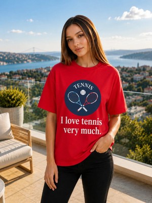 Vodexa Unisex Oversize Tennis Baskılı T-Shirt %100 Pamuk Tenis Temalı Rahat Kalıp Kısa Kollu Tişört