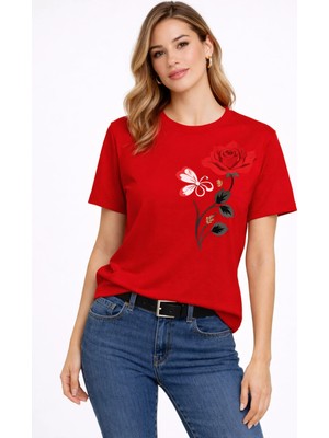 Vodexa Kadın Oversize T-Shirt Kırmızı Gül Baskılı %100 Pamuk Tişört Rahat Kalıp