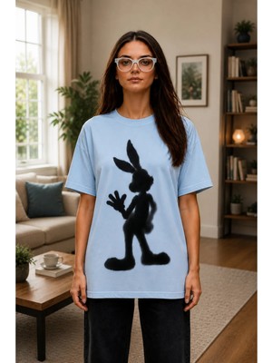 Vodexa Ünisex Oversize T-Shirt Gölge Tavşan Baskılı %100 Pamuk Tişört Rahat Kalıp