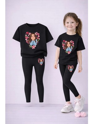 Vodexa Tayt-T-Shirt Takım Anne Kız Kombin %100 Pamuk Esnek Rahat Günlük Spor Kombin