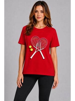 Vodexa Unisex Oversize Tennis Baskılı T-Shirt %100 Pamuk Tenis Temalı Rahat Kalıp Kısa Kollu Tişört
