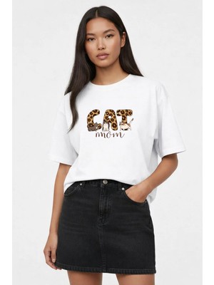 Vodexa Oversize T-Shirt Cat Momm Baskılı %100 Pamuk Tişört Rahat Kalıp