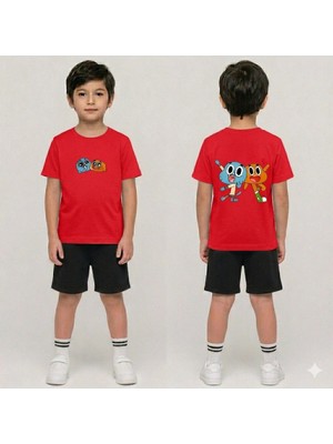 Vodexa Erkek-Kız Çocuk Tişört ve Şort Takım %100 Pamuk Yazlık Rahat Kalıp Baskılı T-Shirt Çocuk Kombin