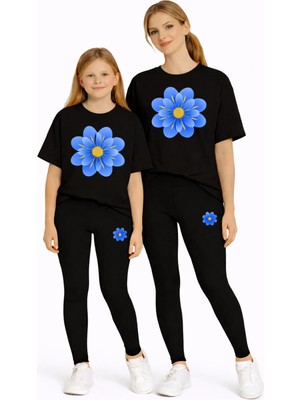 Vodexa Anne Kız Çocuk Kombin Oversize Tişört Twin T-Shirt Mavi Sarı Çiçek Baskılı