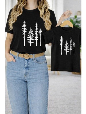 Vodexa Anne Ünisex Çocuk Kombin Oversize Tişört Twin T-Shirt Çam Agaçları Baskılı Tekli
