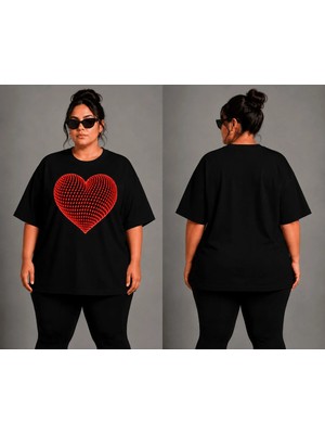 Vodexa Kadın Oversize T-Shirt Noktalı Kalp Baskılı %100 Pamuk Tişört Büyük Beden Rahat Kalıp