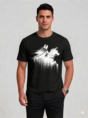 Vodexa Ünisex Oversize T-Shirt Gölge Atlı Baskılı %100 Pamuk Tişört Rahat Kalıp