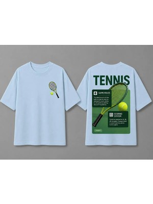 Vodexa Unisex Oversize Tennis Baskılı T-Shirt %100 Pamuk Tenis Temalı Rahat Kalıp Kısa Kollu Tişört