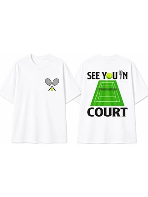 Vodexa Unisex Oversize Tennis Baskılı T-Shirt %100 Pamuk Tenis Temalı Rahat Kalıp Kısa Kollu Tişört