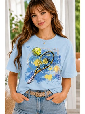 Vodexa Unisex Oversize Tennis Baskılı T-Shirt %100 Pamuk Tenis Temalı Rahat Kalıp Kısa Kollu Tişört