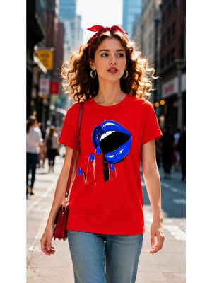 Vodexa Kadın Oversize T-Shirt Mavi Dudak Baskılı %100 Pamuk Tişört Rahat Kalıp