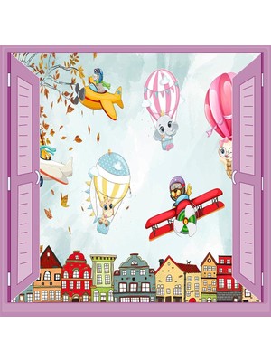 Çocuk Odası Bebek Odası Pencere Poster Duvar Kağıdı Balonlar Hayvanlar