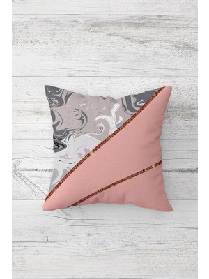 Pelangi Pembe Gri Şeritli Çift Tarafı Baskılı Gizli Fermuarlı Yastık Kılıfı Kırlent Koltuk Yastık Kılıfı, Pembe-Gri-Gold 45 x 45