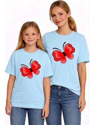 Vodexa Anne Kız Çocuk Kombin Oversize Tişört Twin T-Shirt Kırmızı Kelebek Baskılı