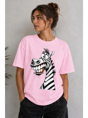 Vodexa Kadın Oversize T-Shirt Gülen Zebra Baskılı %100 Pamuk Tişört Rahat Kalıp