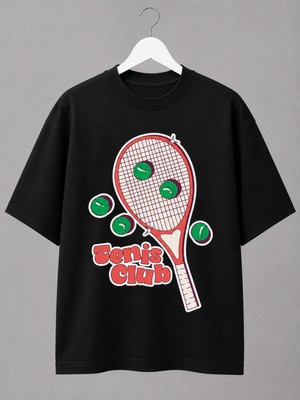 Vodexa Unisex Oversize Tennis Baskılı T-Shirt %100 Pamuk Tenis Temalı Rahat Kalıp Kısa Kollu Tişört