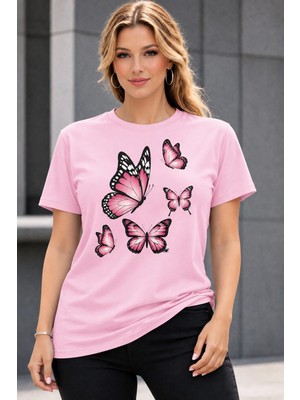 Vodexa Kadın Oversize T-Shirt Renkli Kelebekler Baskılı %100 Pamuk Tişört Rahat Kalıp