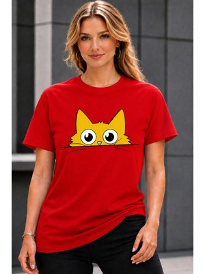 Vodexa Ünisex Oversize T-Shirt Kırmızı Kedi Baskılı %100 Pamuk Tişört Rahat Kalıp