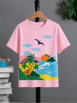 Vodexa Ünisex Oversize T-Shirt Sahil Baskılı %100 Pamuk Tişört Rahat Kalıp