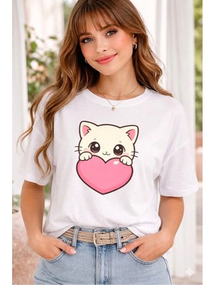 Vodexa Kadın Oversize T-Shirt Kalpli Kedi Baskılı %100 Pamuk Tişört Rahat Kalıp