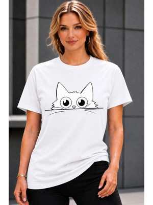 Vodexa Ünisex Oversize T-Shirt Renkli Kediler Baskılı %100 Pamuk Tişört Rahat Kalıp