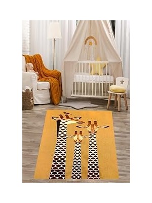 Pelangi Zürafa Arkadaşlar Desenli Yıkanabilir Kaymaz Taban Leke Tutmaz Çocuk Odası Halısık, Koyu Açık Kahve 160 x 350, 76420261603501