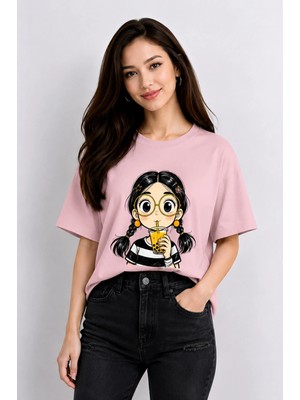 Vodexa Ünisex Oversize T-Shirt Sevimli Kız Baskılı %100 Pamuk Tişört Rahat Kalıp