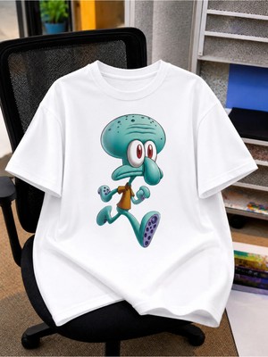 Vodexa Ünisex Oversize T-Shirt Dokunaç Baskılı %100 Pamuk Tişört Rahat Kalıp